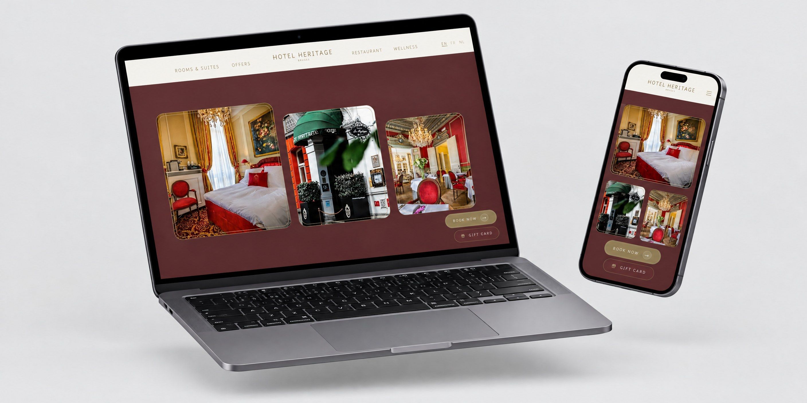 Laptop en telefoon met de website van Hotel Heritage in Brugge